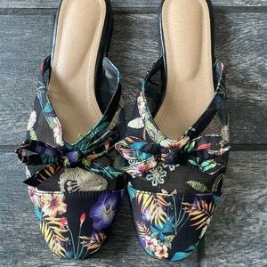 Black Floral Slip-On Bow Mules for Women